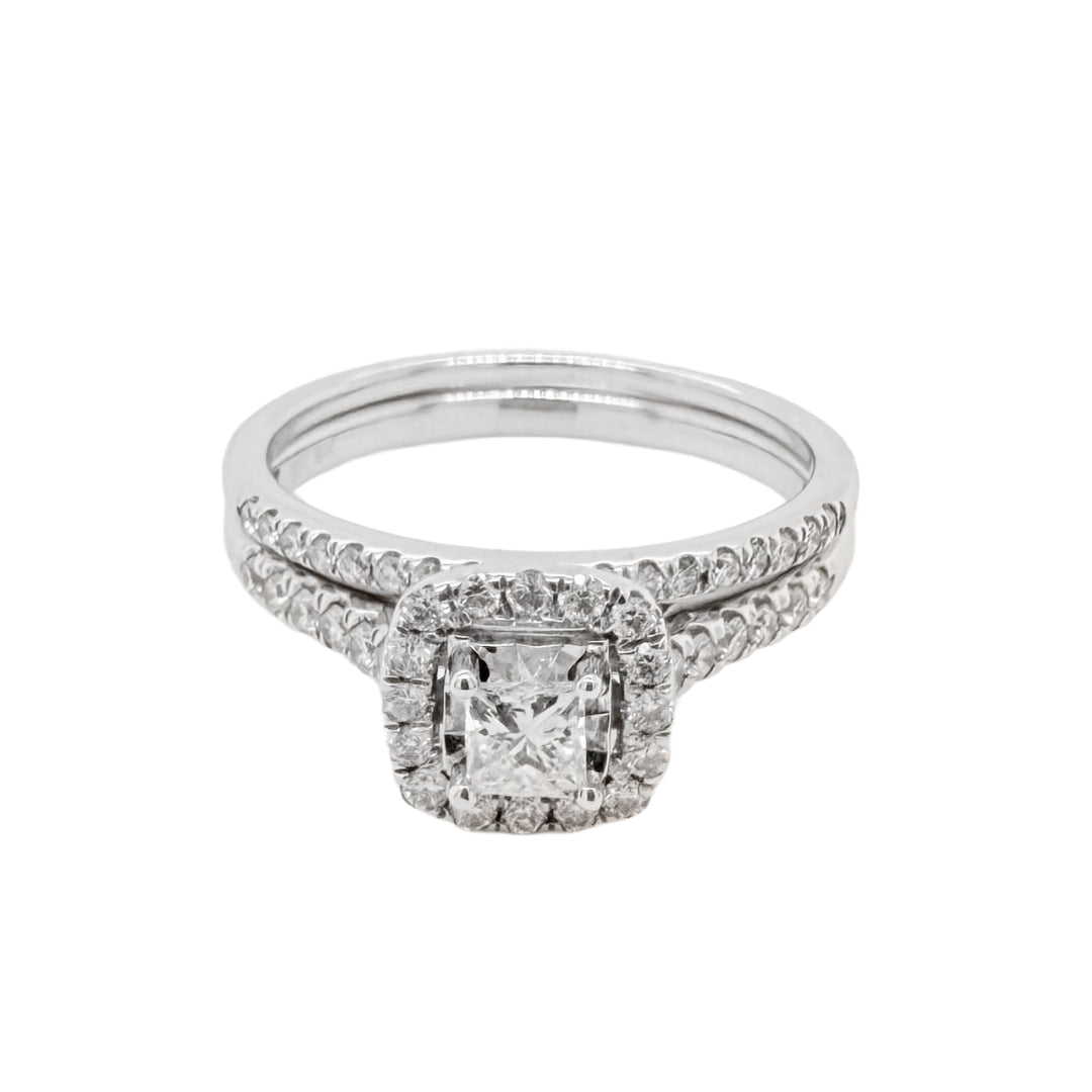 9k White Gold Cushion Halo Bridal Set | TDW 0.60ct