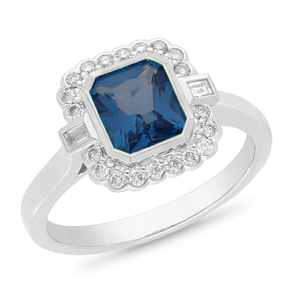 9k White Gold London Blue Topaz & Diamond Ring