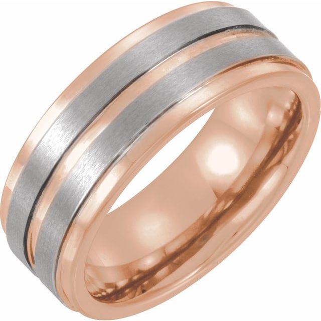 Tungsten & 18ct Rose Gold Grooved Band Ring (W)