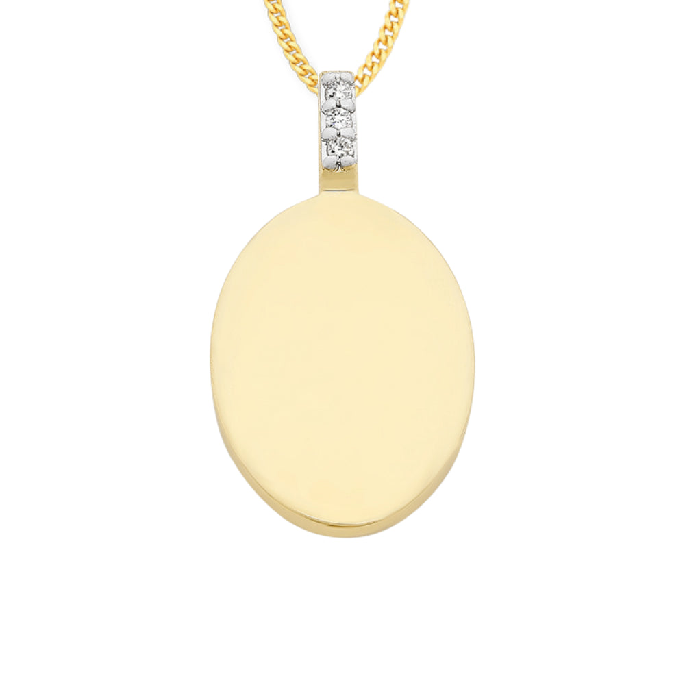 9k Yellow Gold Engravable Diamond Oval Pendant