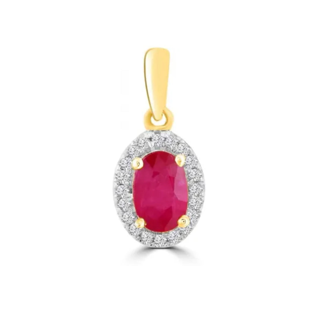 9k Yellow Gold Diamond and Ruby Oval Pendant
