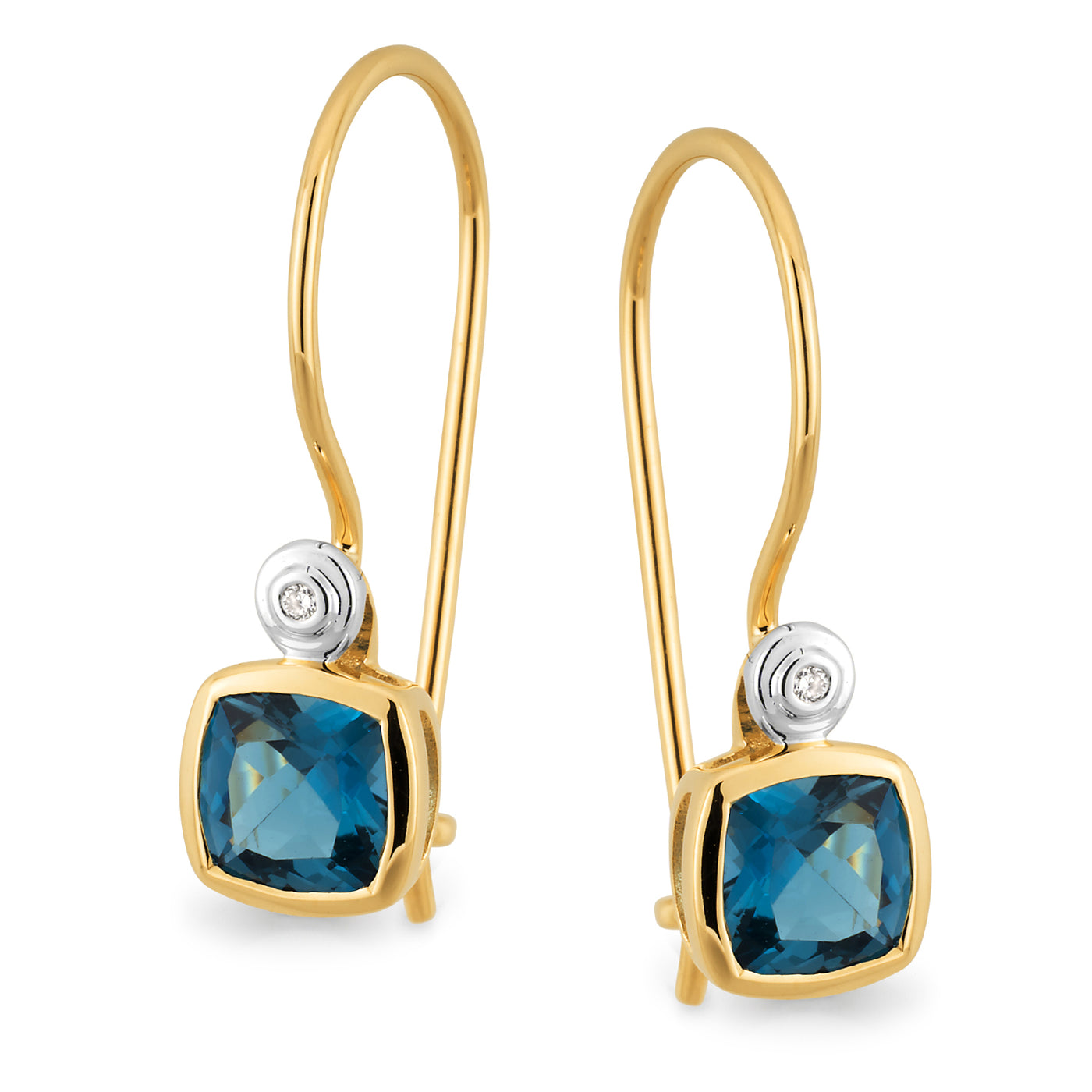 9k Yellow Gold London Blue Topaz & Diamond Hook Earrings