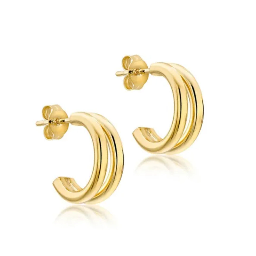 9ct Yellow Gold Hollow Double Tube Half Hoop Earrings