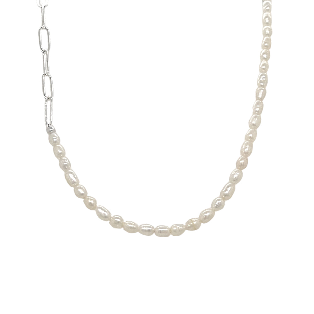 Allura Sterling Silver Paperclip Link & Pearl Necklace
