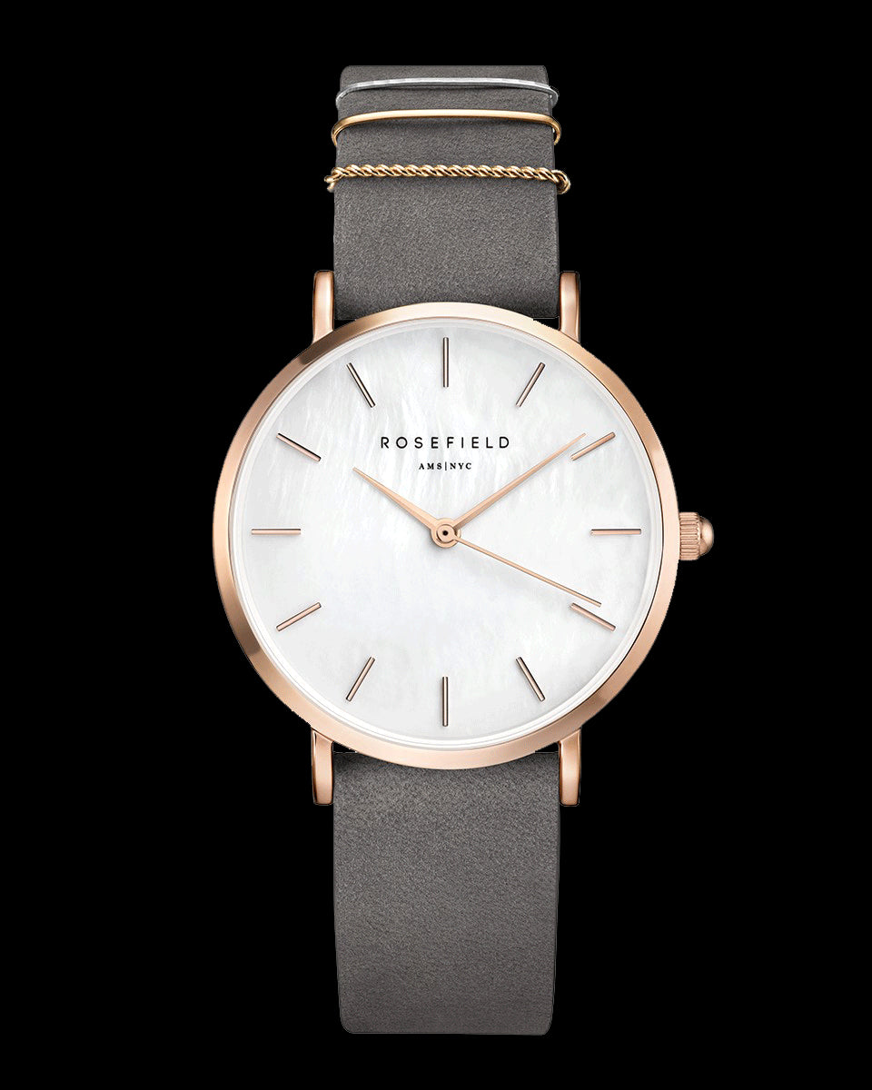 Rosefield W Village MOP Dial Rose Gold Grey Sued Strap