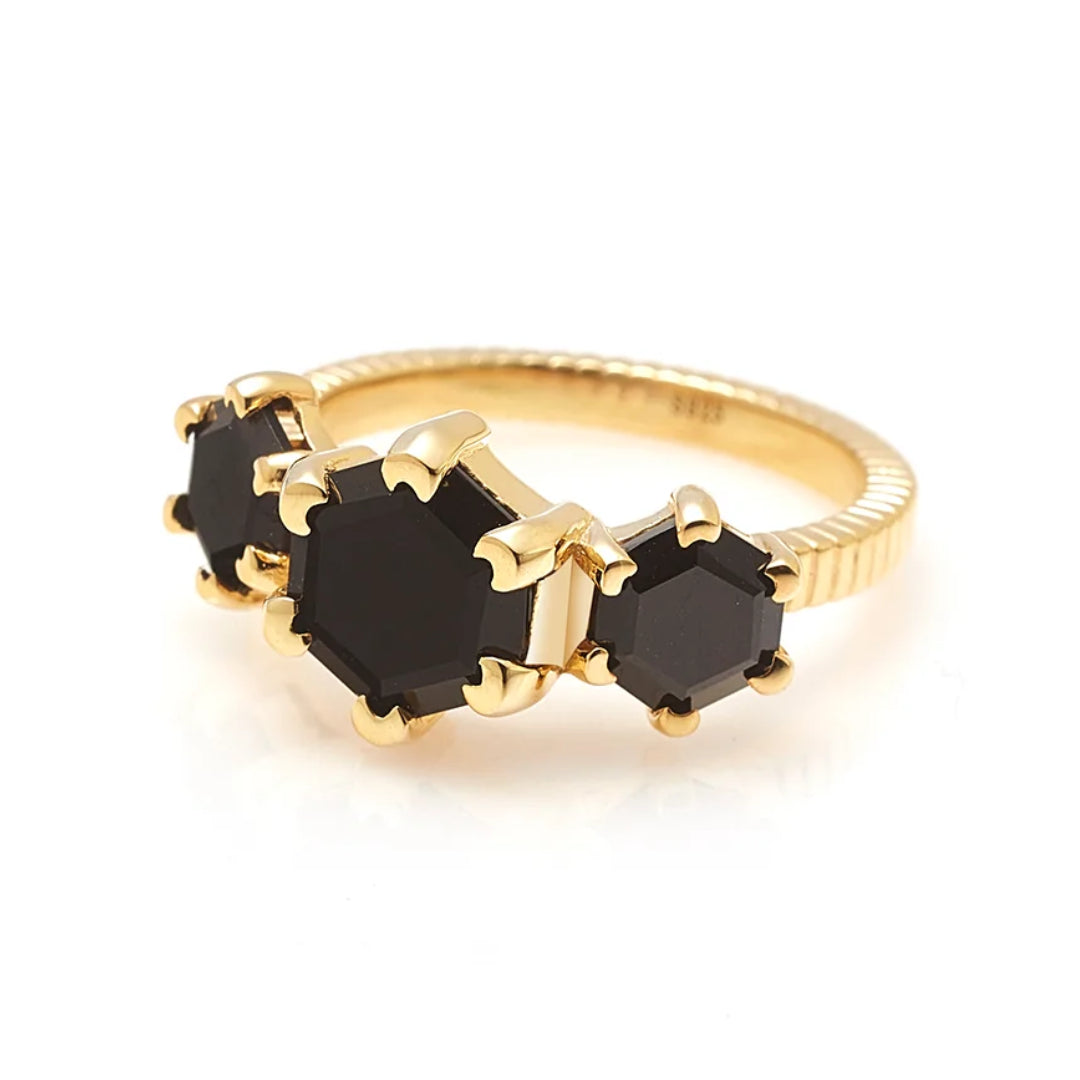 Silk & Steel Trinity Ring Black Spinel + Gold