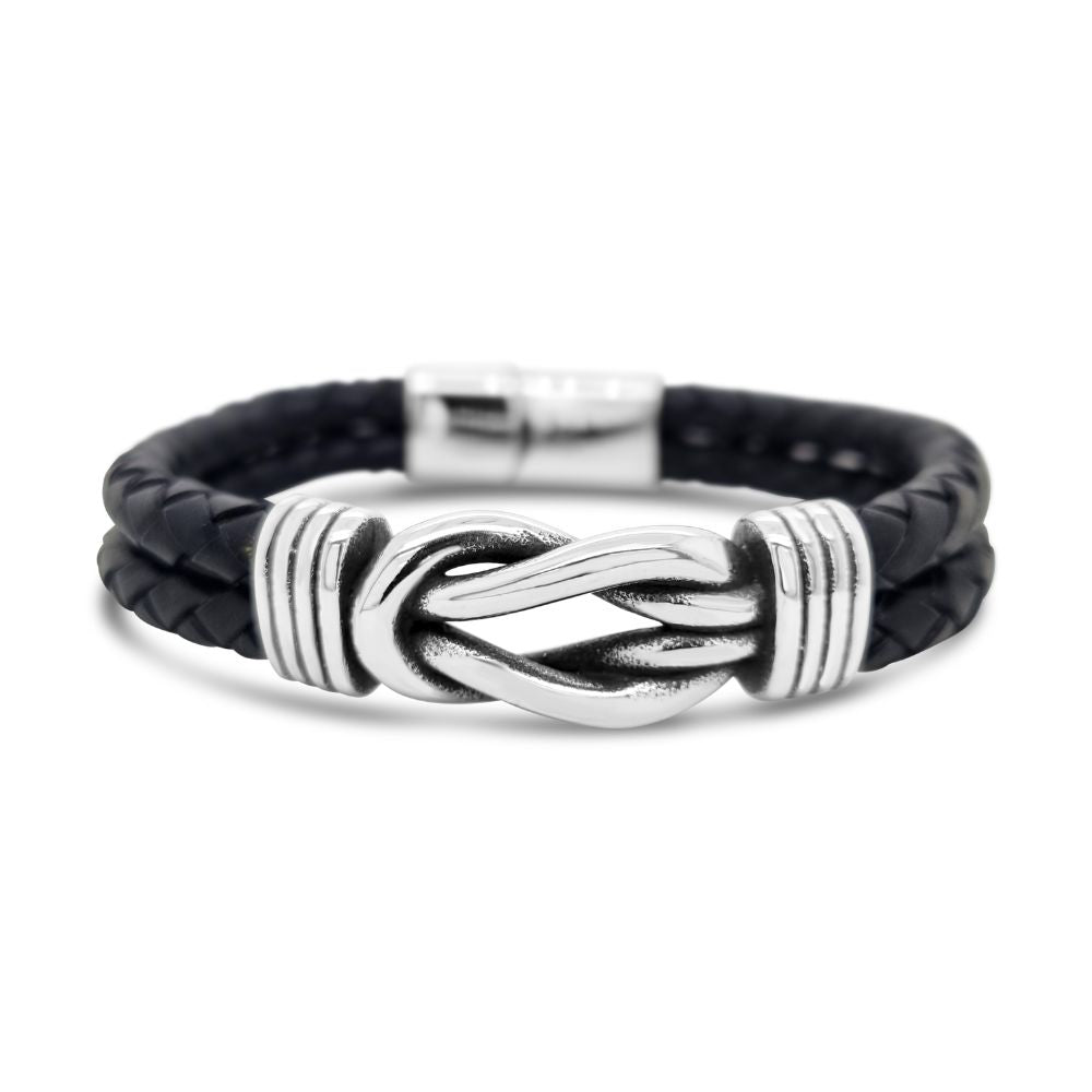 Revolution Steel & Black Leather Sailing Knot Bracelet