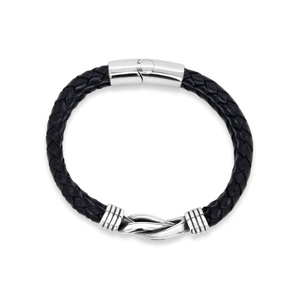 Revolution Steel & Black Leather Sailing Knot Bracelet