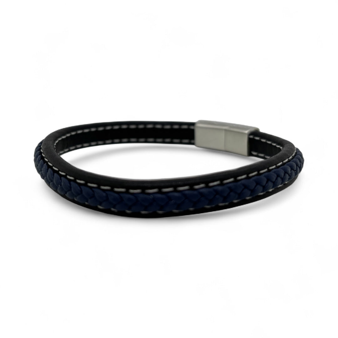 Revolution black leather with blue plaited leather and stainless steel clasp