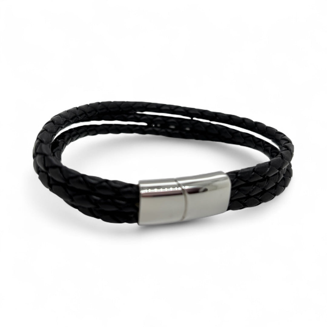 Black leather bracelet with three plaited ropes and stainless steel clasp.