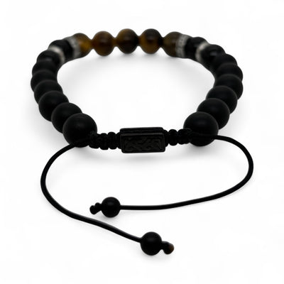Tigers eye and onyx bead bracelet with adjustable cord.