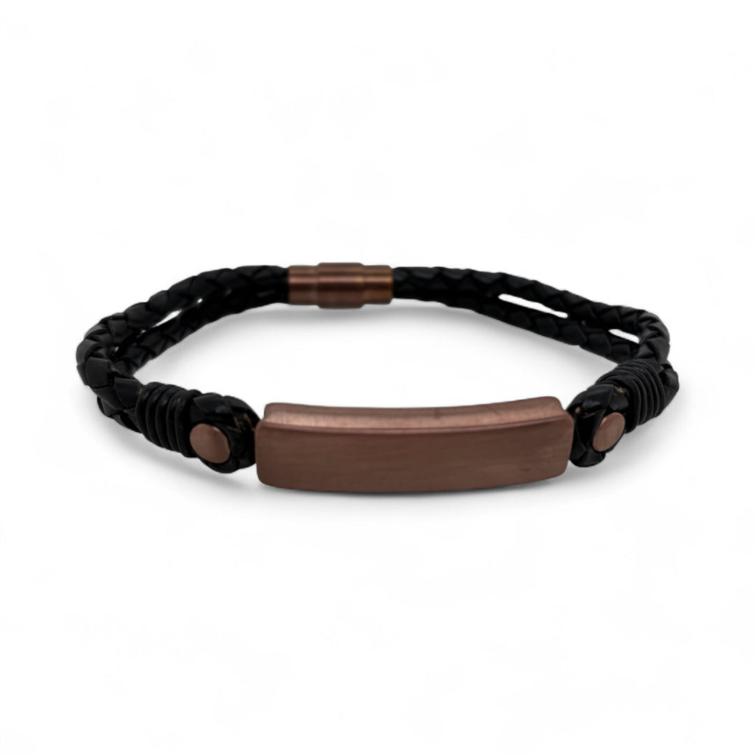 Black plaited leather bracelet with bronze-coloured panel and safety clasp.