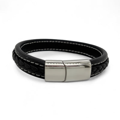 Black Leather Bracelet with Steel Clasp