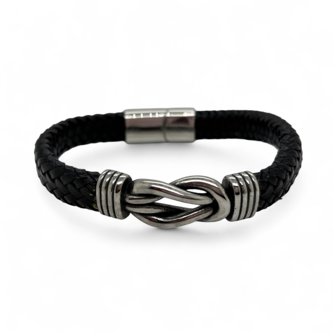 Black Leather & Steel Sailing Knot Bracelet.