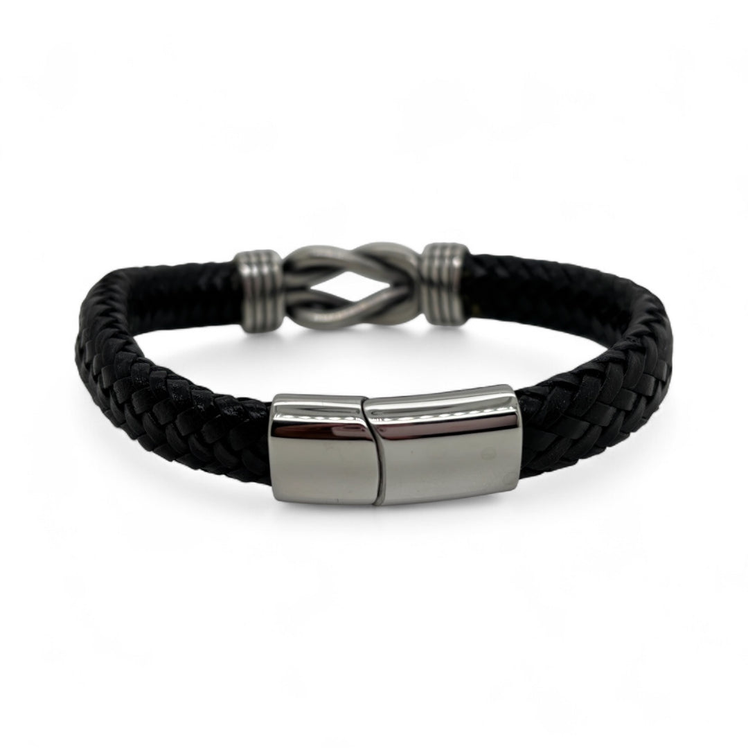 Black Leather & Steel Sailing Knot Bracelet.