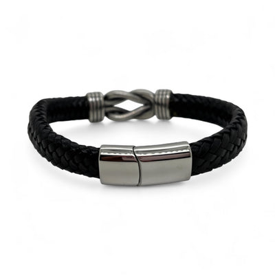 Black Leather & Steel Sailing Knot Bracelet.