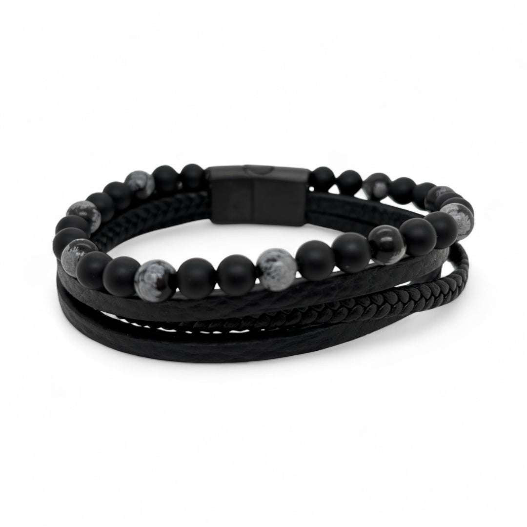 Black Leather with Onyx & Grey Jasper Bracelet