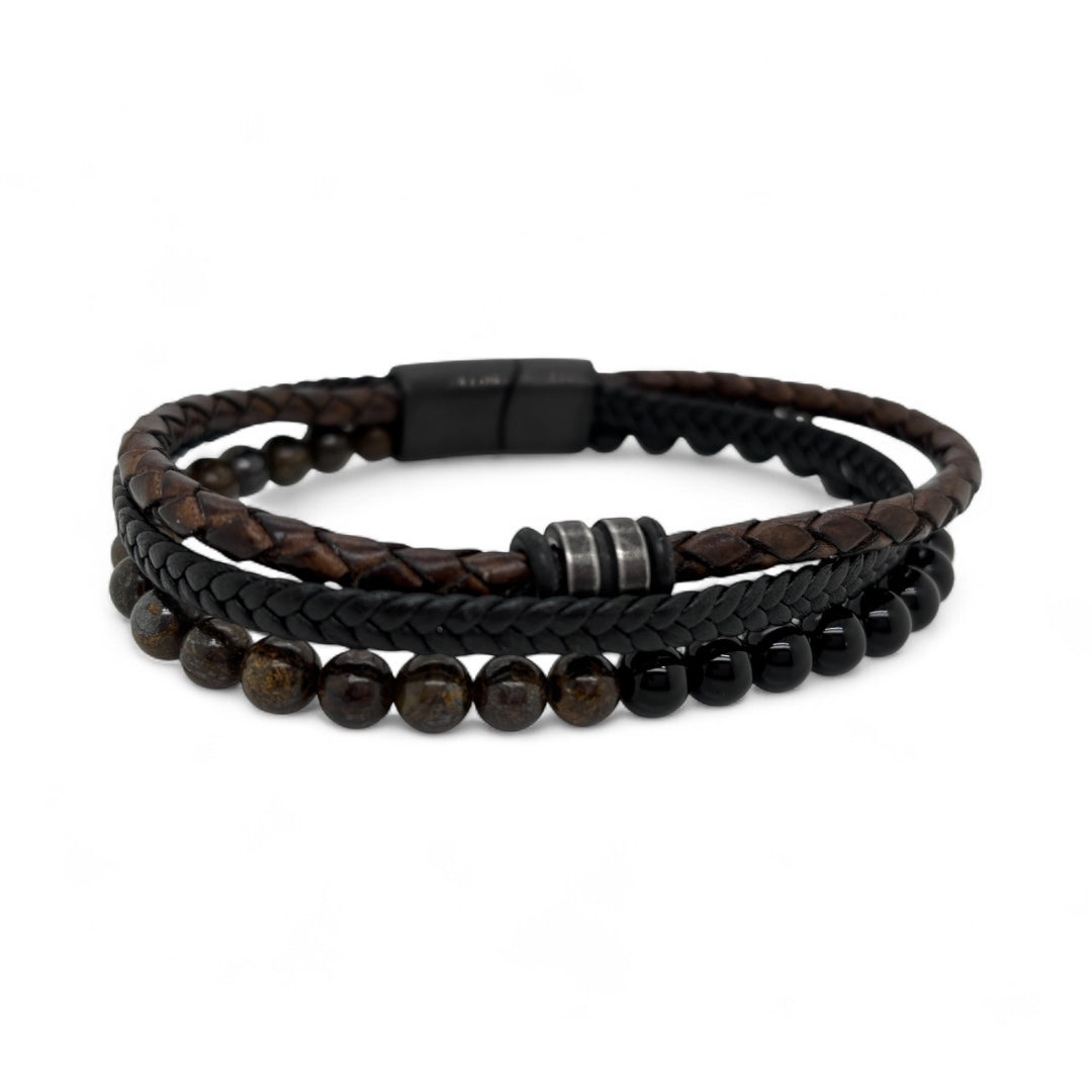 Brown & Black Leather and Bead Bracelet