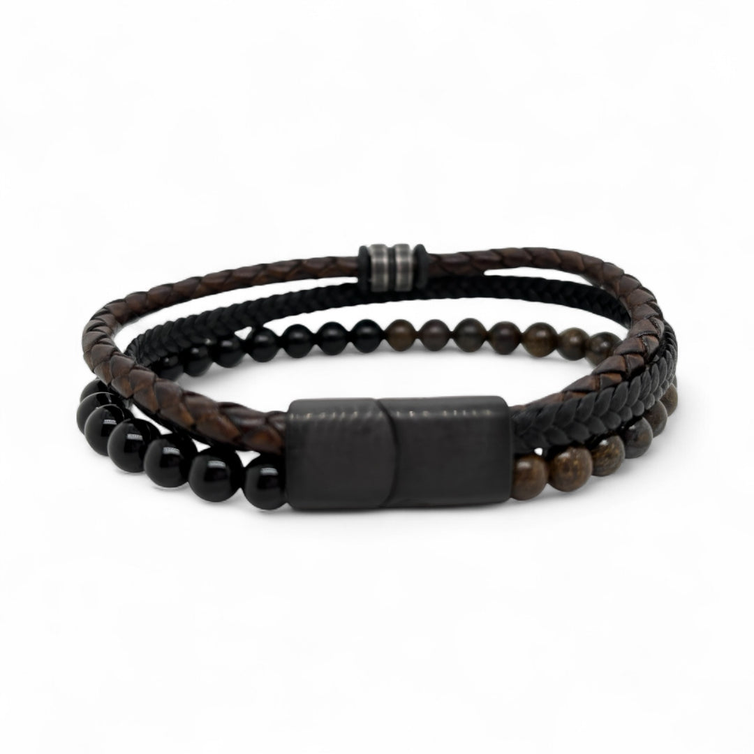 Brown & Black Leather and Bead Bracelet