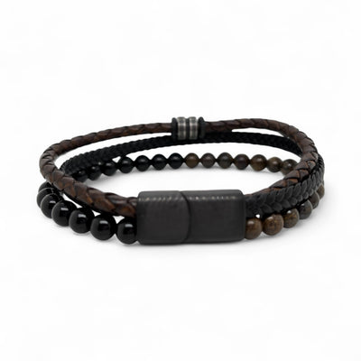 Brown & Black Leather and Bead Bracelet
