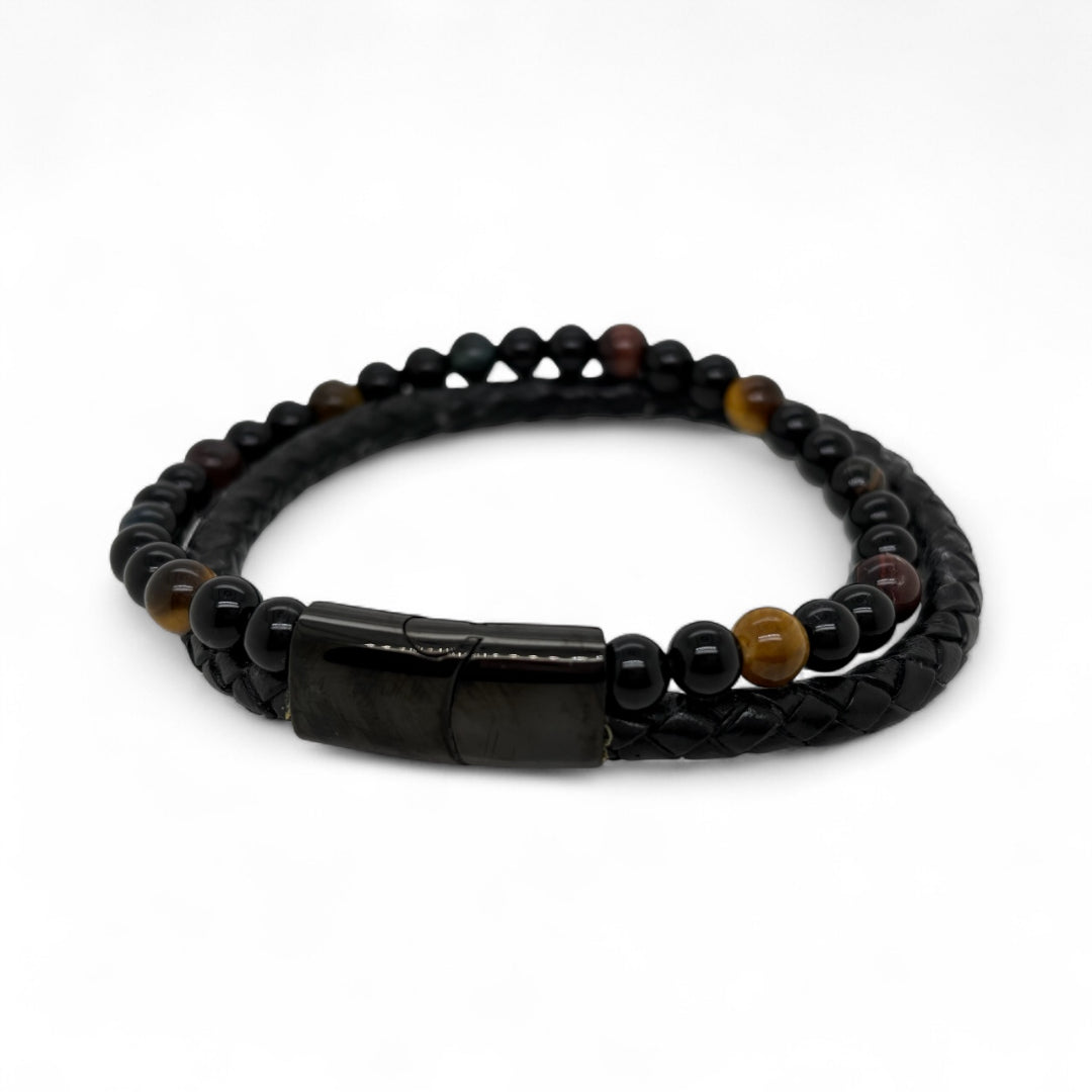 Black Leather & Mixed Bead Bracelet