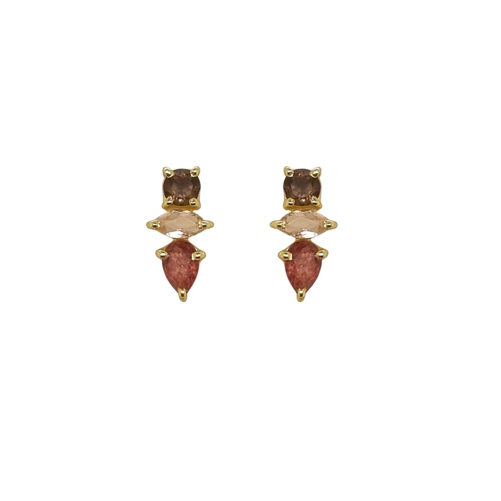 Luna 'Tethys' Smokey Quartz/Rose Quartz/Strawberry Jade Multi Stone Gold Earrings