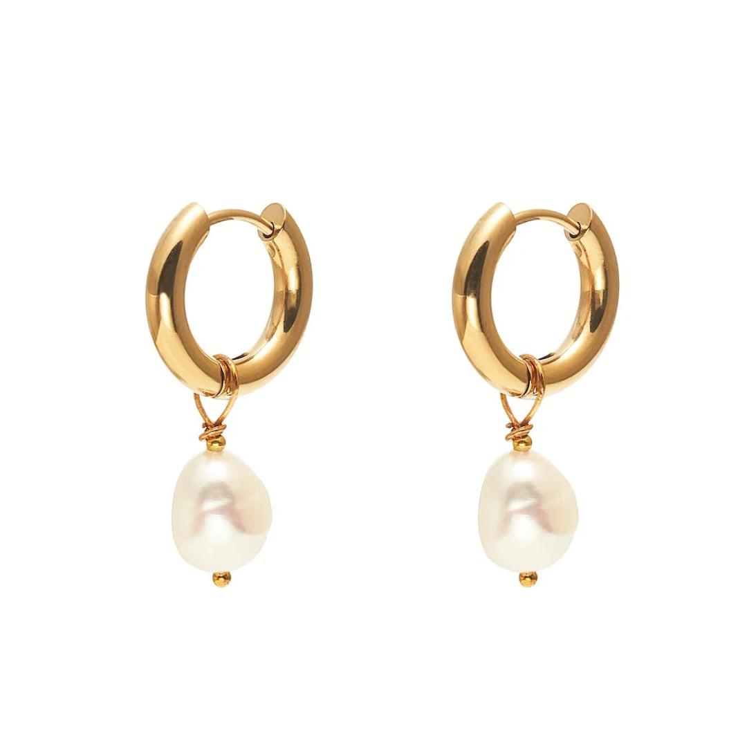 Silk & Steel Allure Hoop Earrings Pearl + Gold Plated