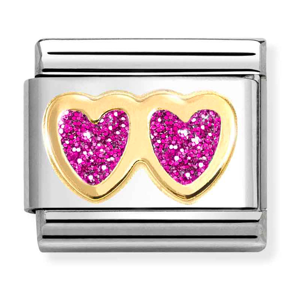 Nomination | Glitter Double Fuschia Heart in 18K Gold